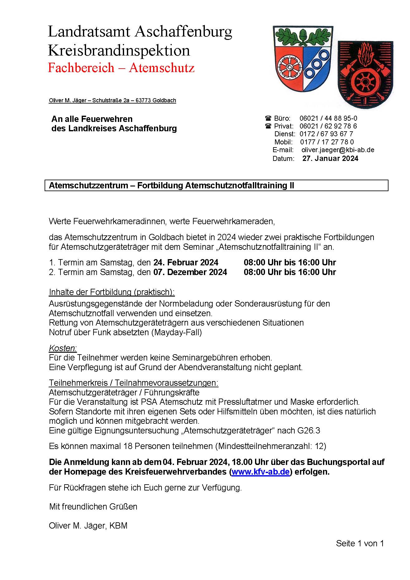 Einladung ASZ Fortbildung Atemschutznotfalltraining II 2024