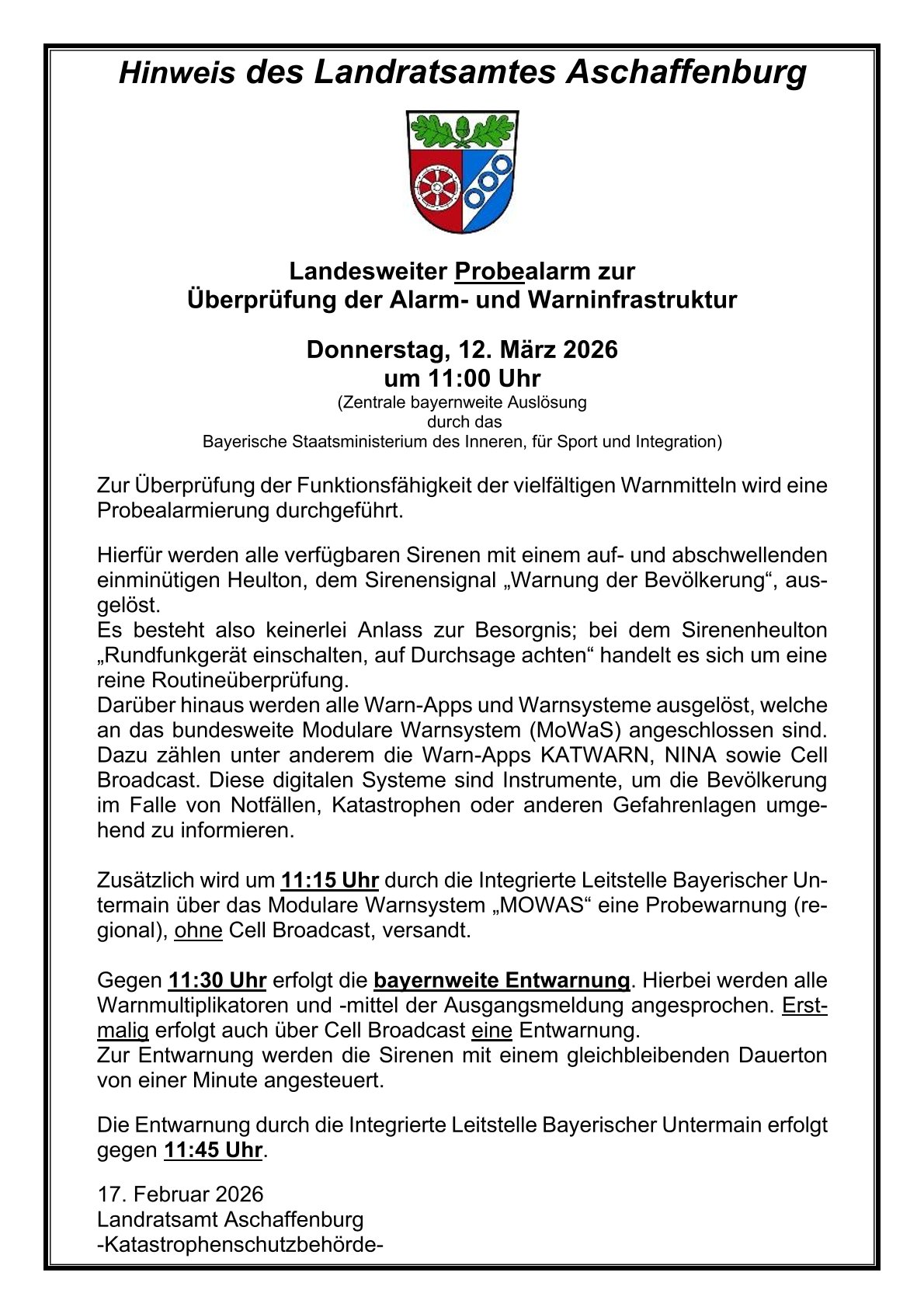 2026 Hinweisschild 12.03.2026