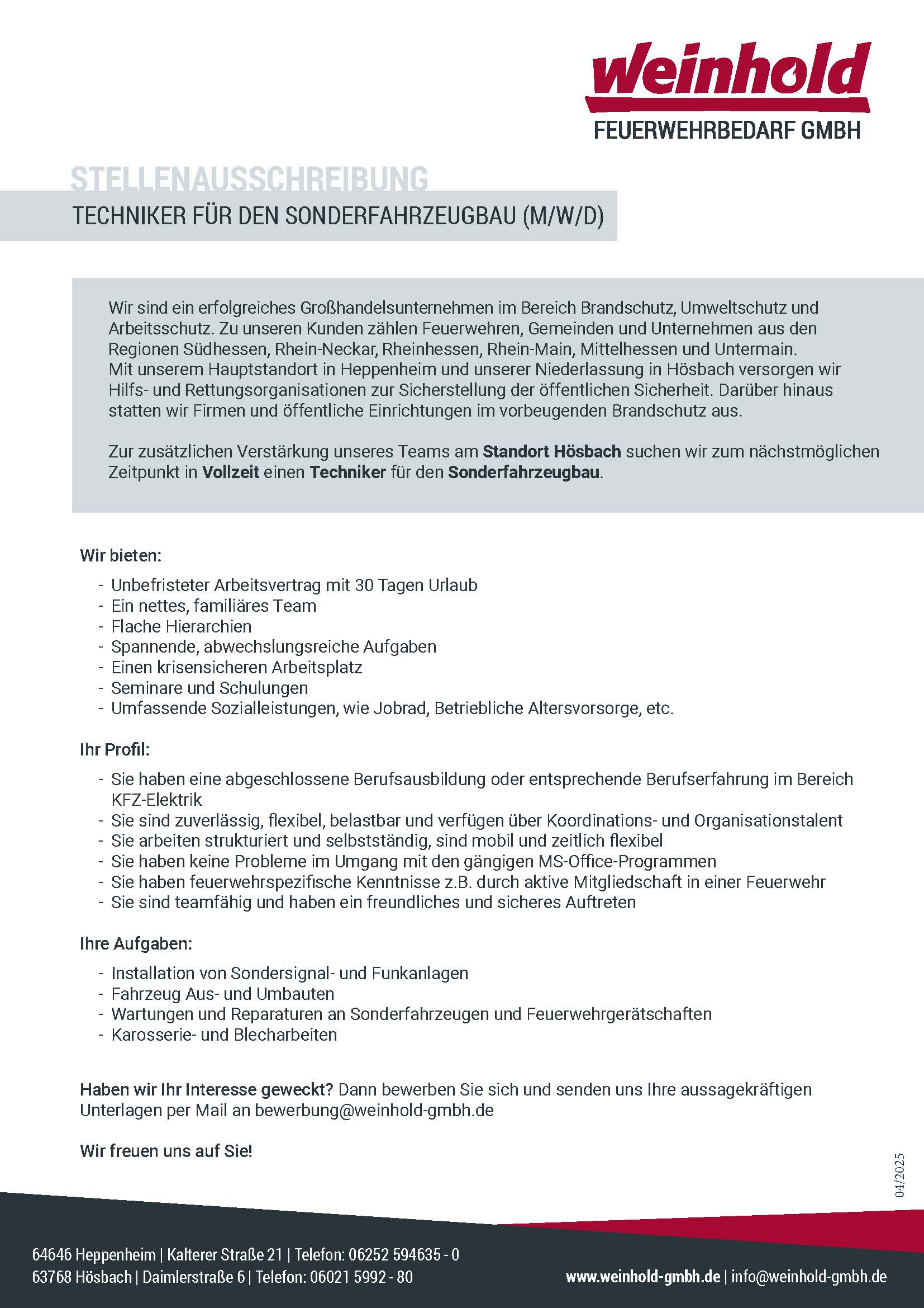 Weinhold Stellenausschreibung Techniker Sonderfahrzeugbau
