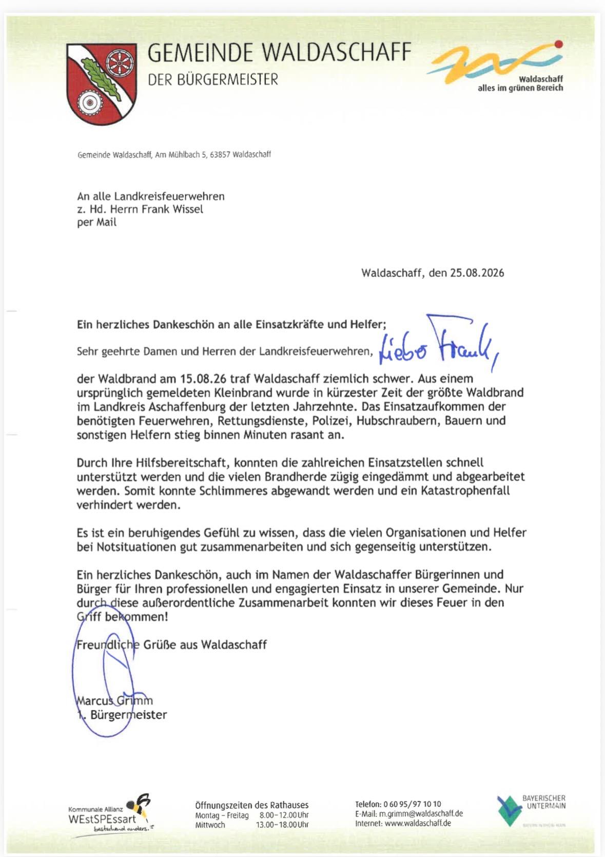 Dankschreiben Waldaschaff