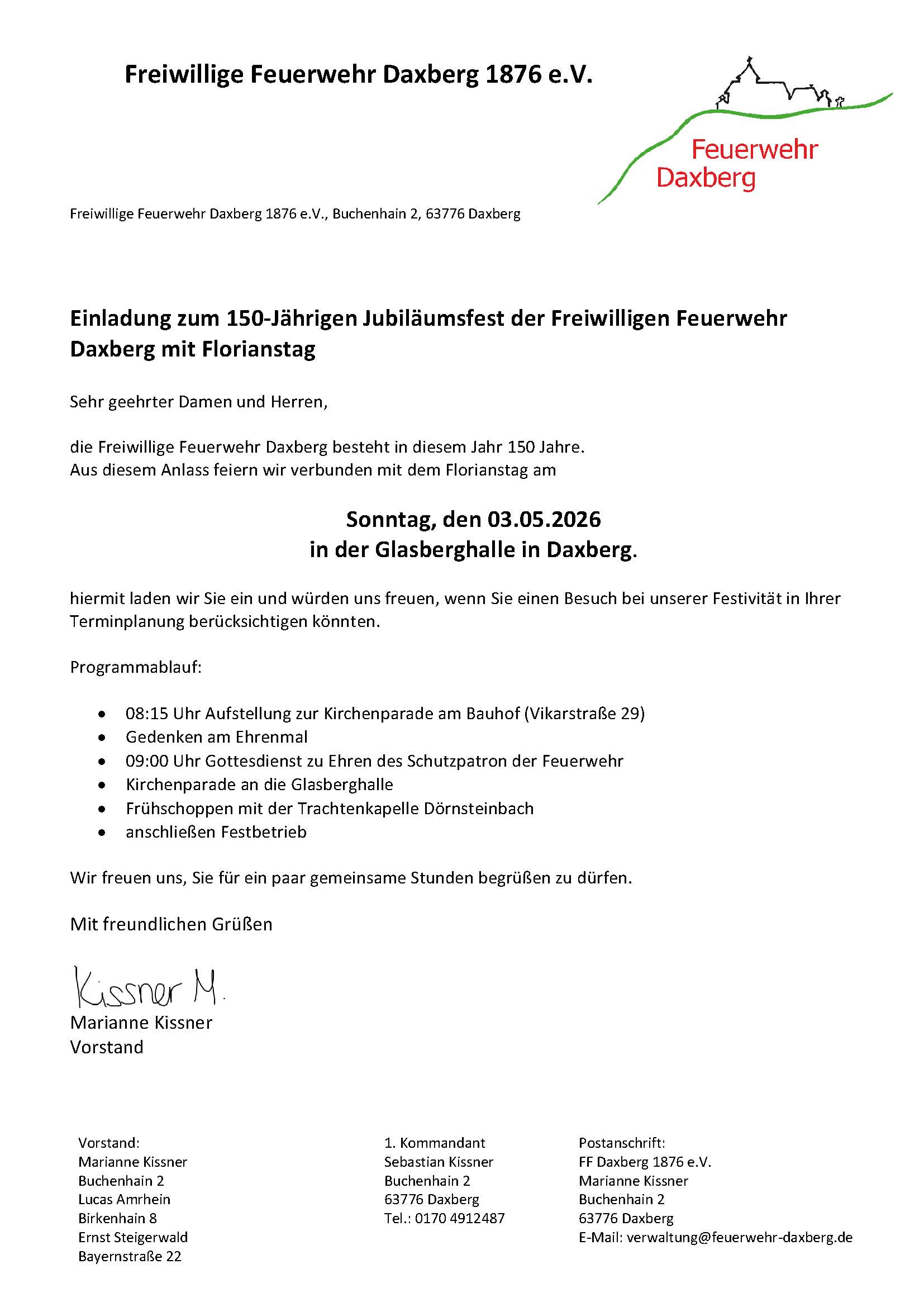 Einladung 150 Jahre und Florianstag Inspektion