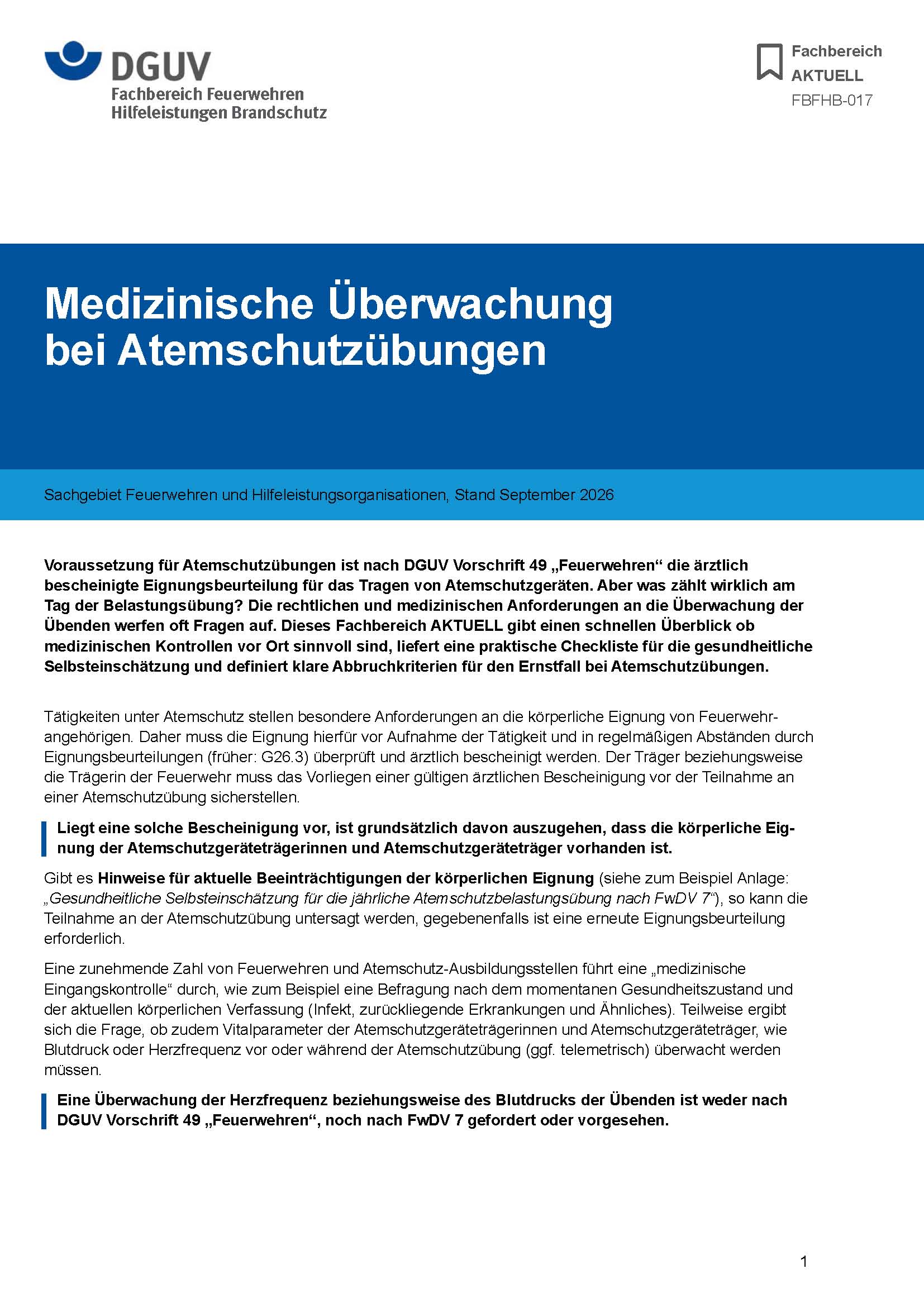 Seite 1 aus DGUV FBFH Medizinische Überwachung bei Atemschutzübungen 09 2026